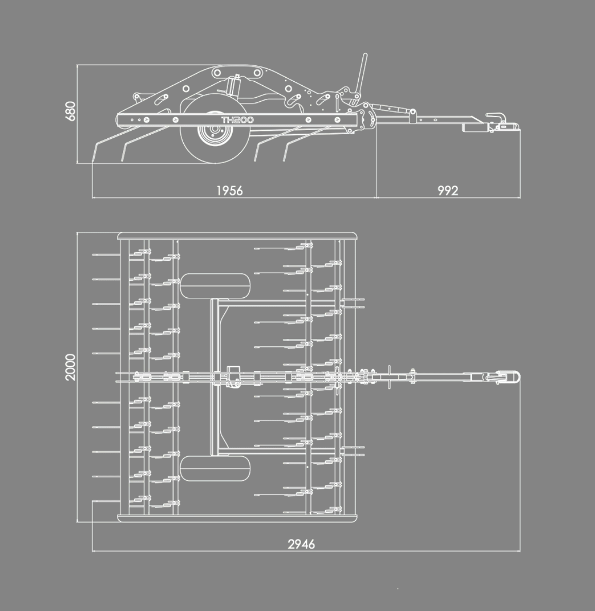 Teknisk ritning av CHAPMAN TH200 ATV-harv från Chapman Machinery