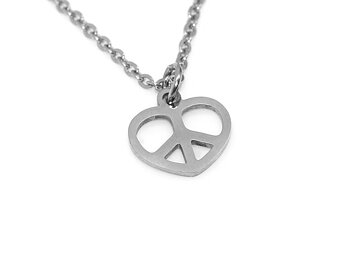 Hjärta med Fredsmärke Halsband i Rostritt Stål, Peace Hänge, Hjärtan Accessoar, Fred Smycke