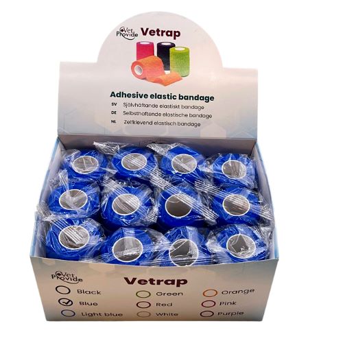VetProvide Vetrap selbsthaftende Bandagen Großpackung mit blauen Rollen.