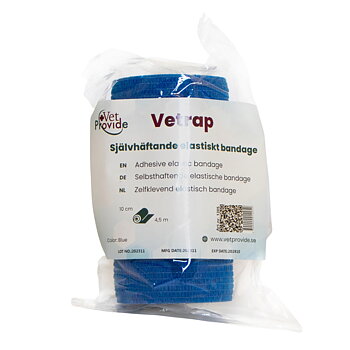 Blaue Vetrap elastische Bandage 10cm x 4,5m in Verpackung von VetProvide.
