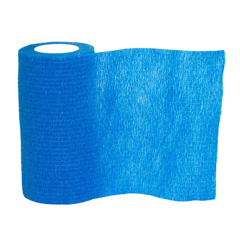Teilweise ausgerollte blaue Vetrap kohäsive Bandage mit Gewebestruktur.