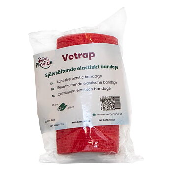 Rote Vetrap elastische Bandage 10cm x 4,5m in Verpackung von VetProvide.
