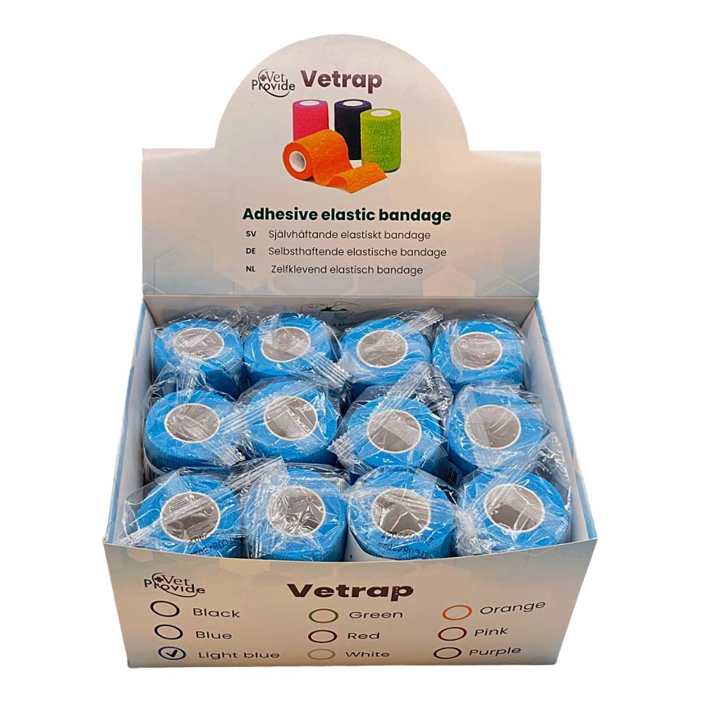 VetProvide Vetrap selbsthaftende Bandagen Großpackung mit hellblauen Rollen.