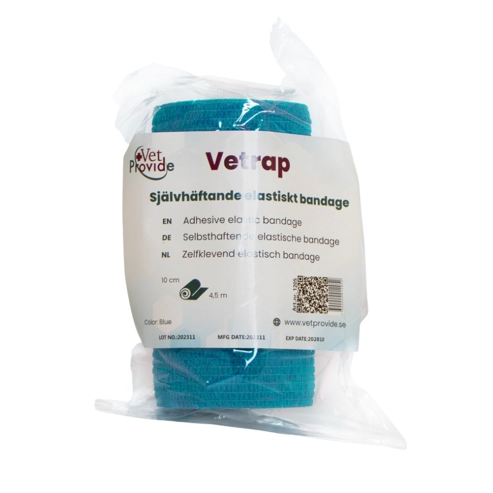 Hellblaue Vetrap elastische Bandage 10cm x 4,5m in Verpackung von VetProvide.