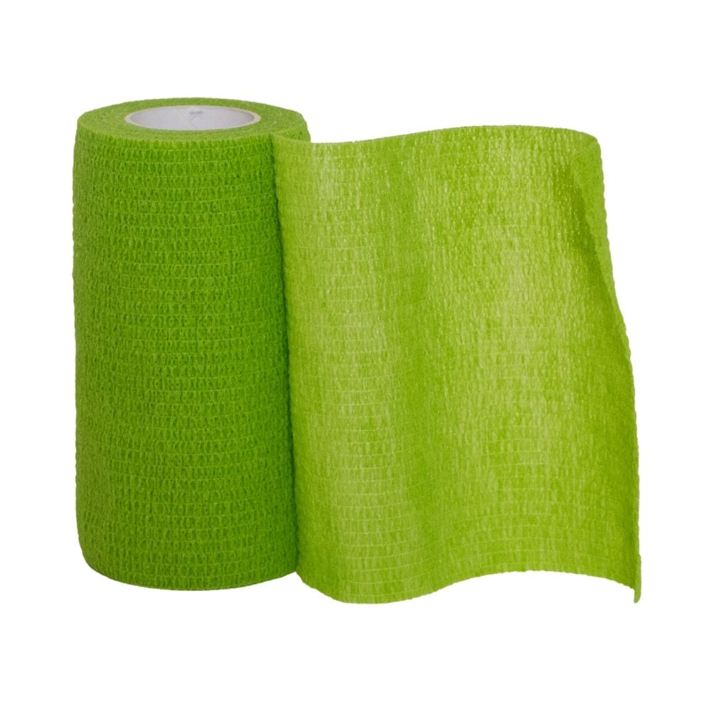 Gedeeltelijk uitgerolde groene Vetrap cohesieve zwachtel met open structuur.