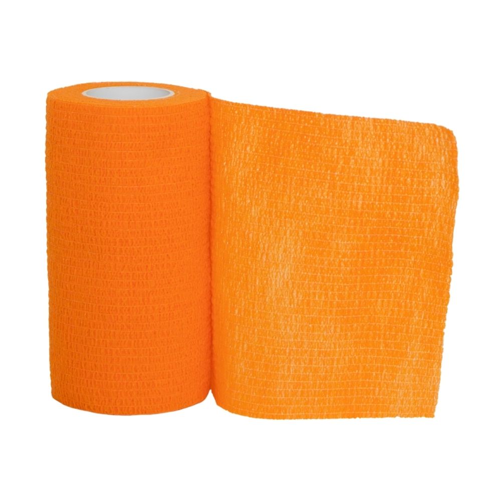 Gedeeltelijk uitgerolde oranje Vetrap cohesieve zwachtel met open structuur.