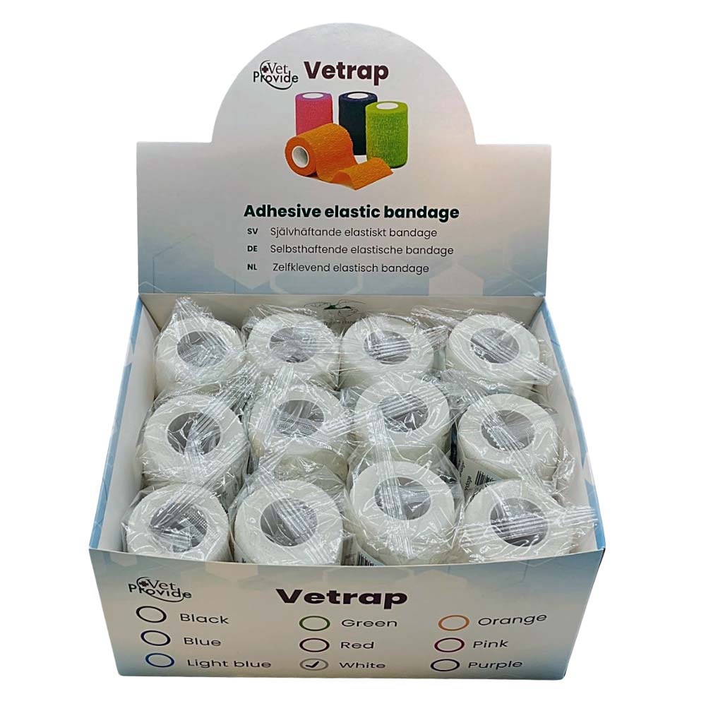 VetProvide Vetrap selbsthaftende Bandagen Großpackung mit weißen Rollen.