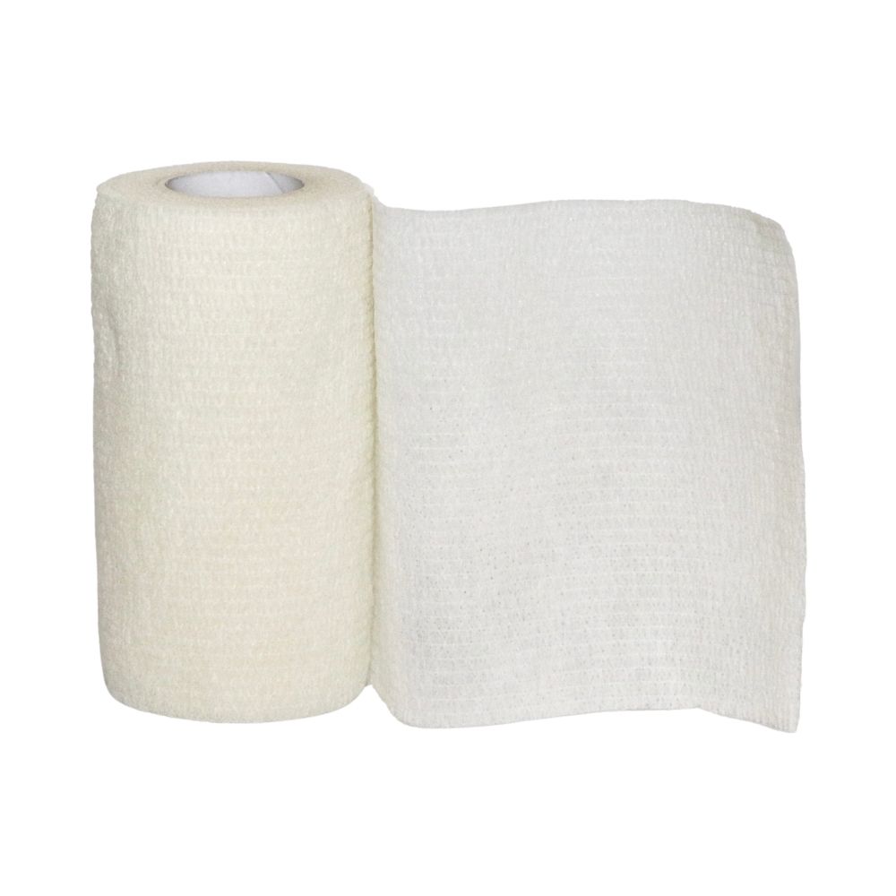 Teilweise ausgerollte weiße Vetrap kohäsive Bandage mit Gewebestruktur.