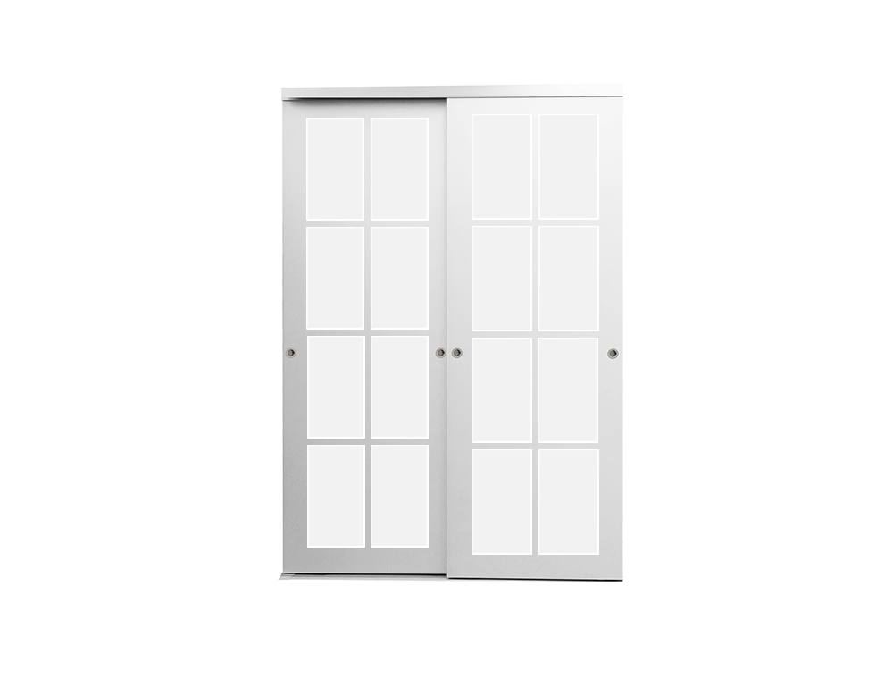 Skjutdörrar till garderob i 2-delad variant med glas och spröjs som heter Skjutdörr Blåklocka