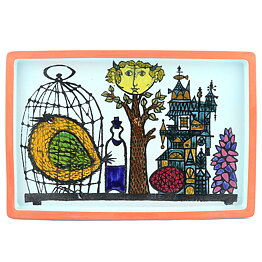 Stig Lindberg (Karneval 1958) Rectangular Wall Plaque with Tree and Bird Cage Decor 31 cm