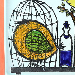 Stig Lindberg (Karneval 1958) Rectangular Wall Plaque with Tree and Bird Cage Decor 31 cm