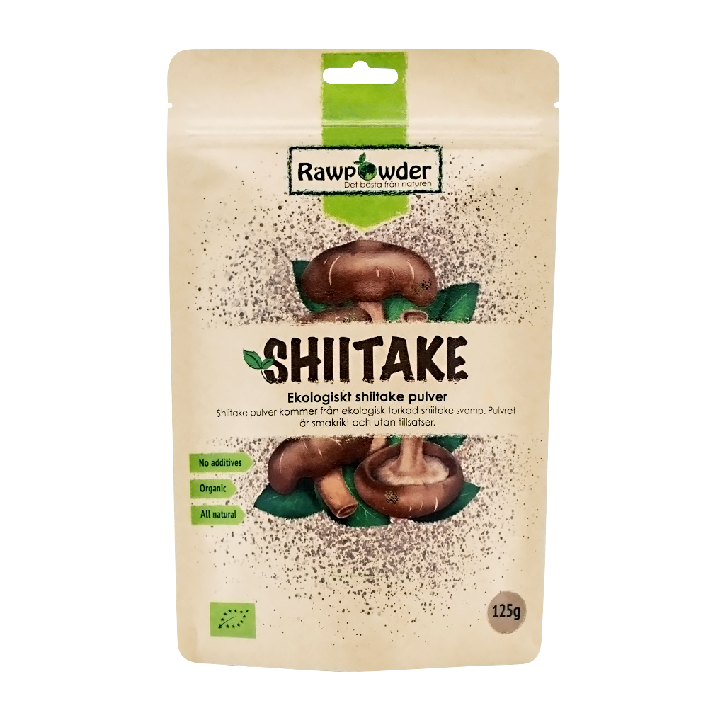 En brun stående påse med text i brunt som säger Shitake
