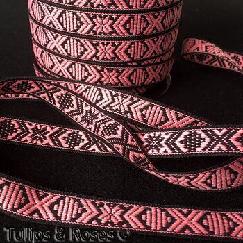 Traditional folk art ribbon 15 mm pink on black 1068-55 