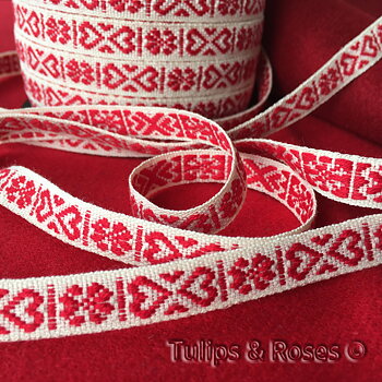 Folk art ribbon 11mm  hearts red on unbleached white 1241-1