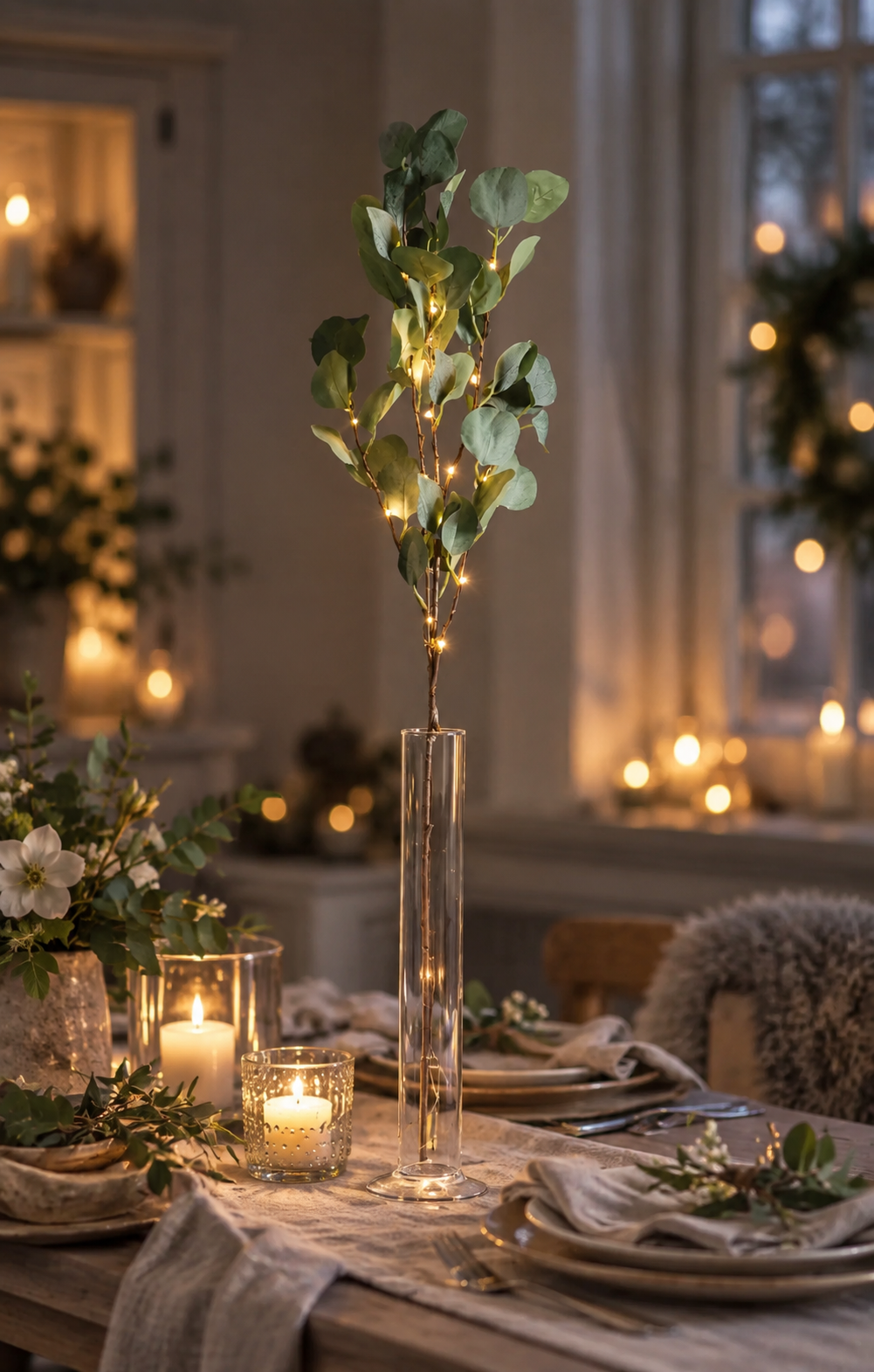 Eucalyptus med ljusslinga - Dekorationskvist - 90 cm