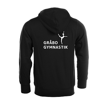 Svart hoodjacka, svartvita snören, med LEDARE eller GYMNAST, Gråbo Gymnastik
