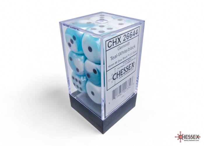 Chessex: Gemini Teal-White/Black 16mm d6 Dice Block (12 dice)