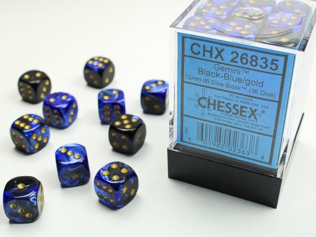 Chessex: Gemini Black-Blue/Gold 12mm d6 Dice Block (36 dice)