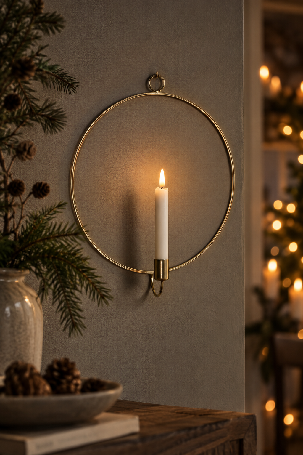 Wall candle holder incl. battery light - Light ring - Brass - Ø 28 cm