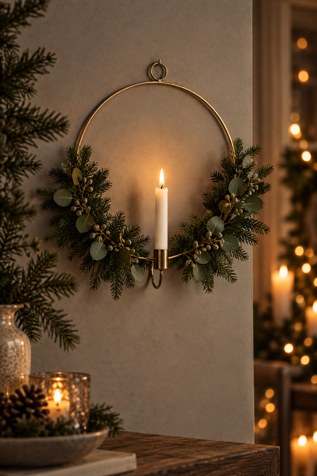 Wall candle holder incl. battery light - Light ring - Brass - Ø 28 cm - 3