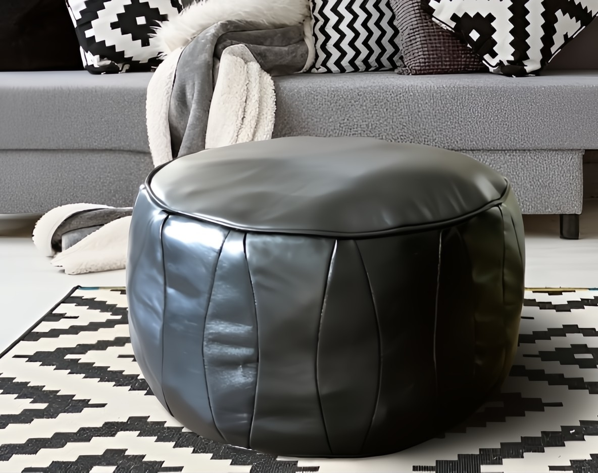 Läder Sittpuff Svart