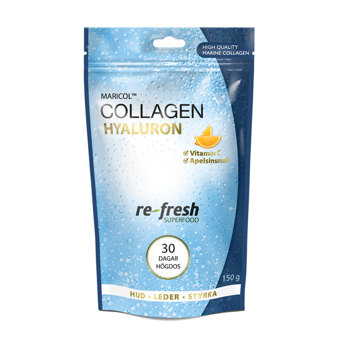 En blå stående påsliknande förpackning som det står maricol collagen hyaluron pure på.