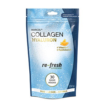 En blå stående påsliknande förpackning som det står maricol collagen hyaluron pure på.