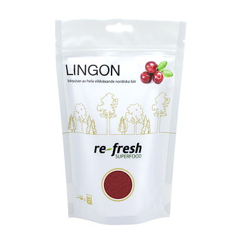 En vit påse med en bild av lingonbär och som det står re-fresh superfood lingon på
