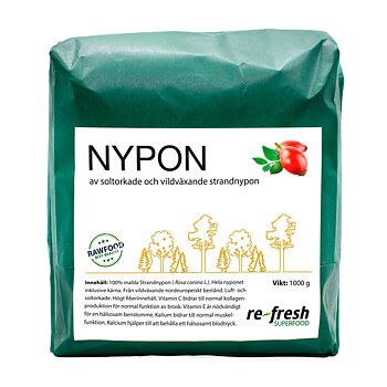 En grön fyrkantig påse med etiketten som det står nypon på