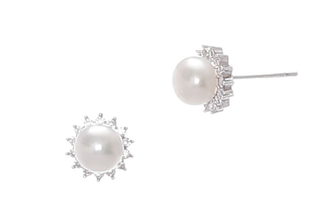 Freshwater pearl earrings set in silver with Zircon stones - 2