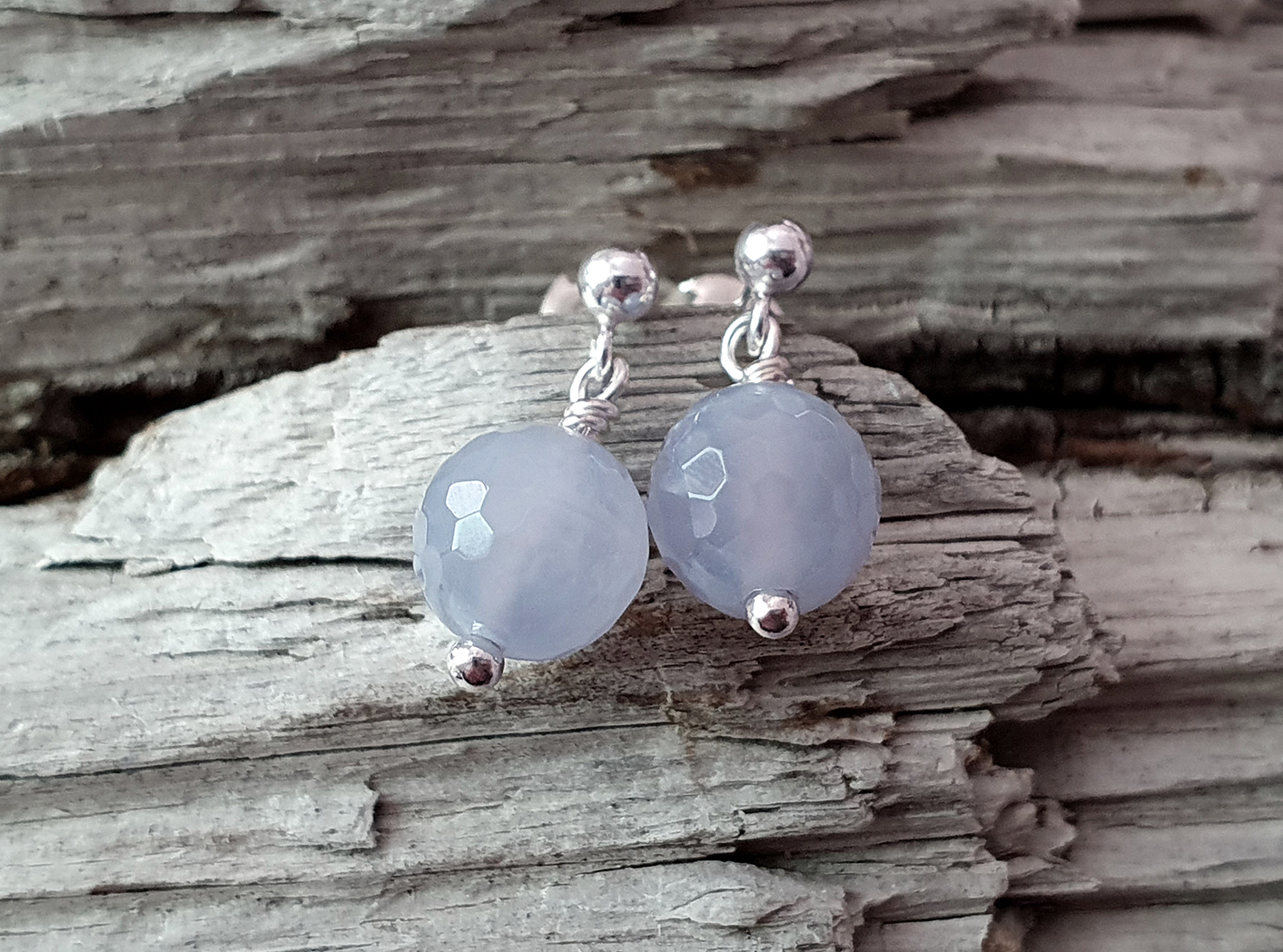Blue chalcedony faceted bead, approx. 8.2 mm, dangling earrings in 925 silver