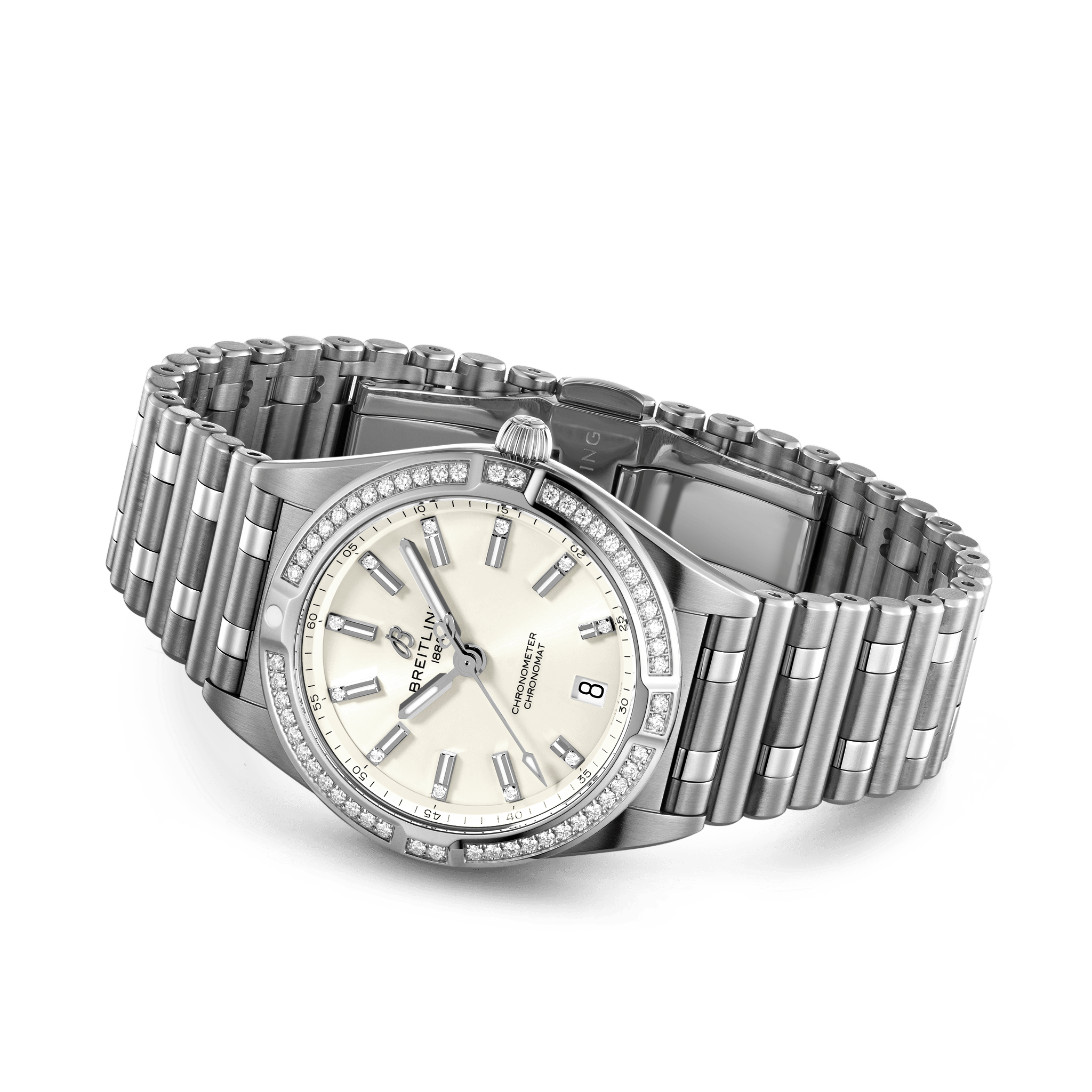 Breitling A77310591A1A1 Breitling Chronomat 32 stål silver diamant bezel sidobild