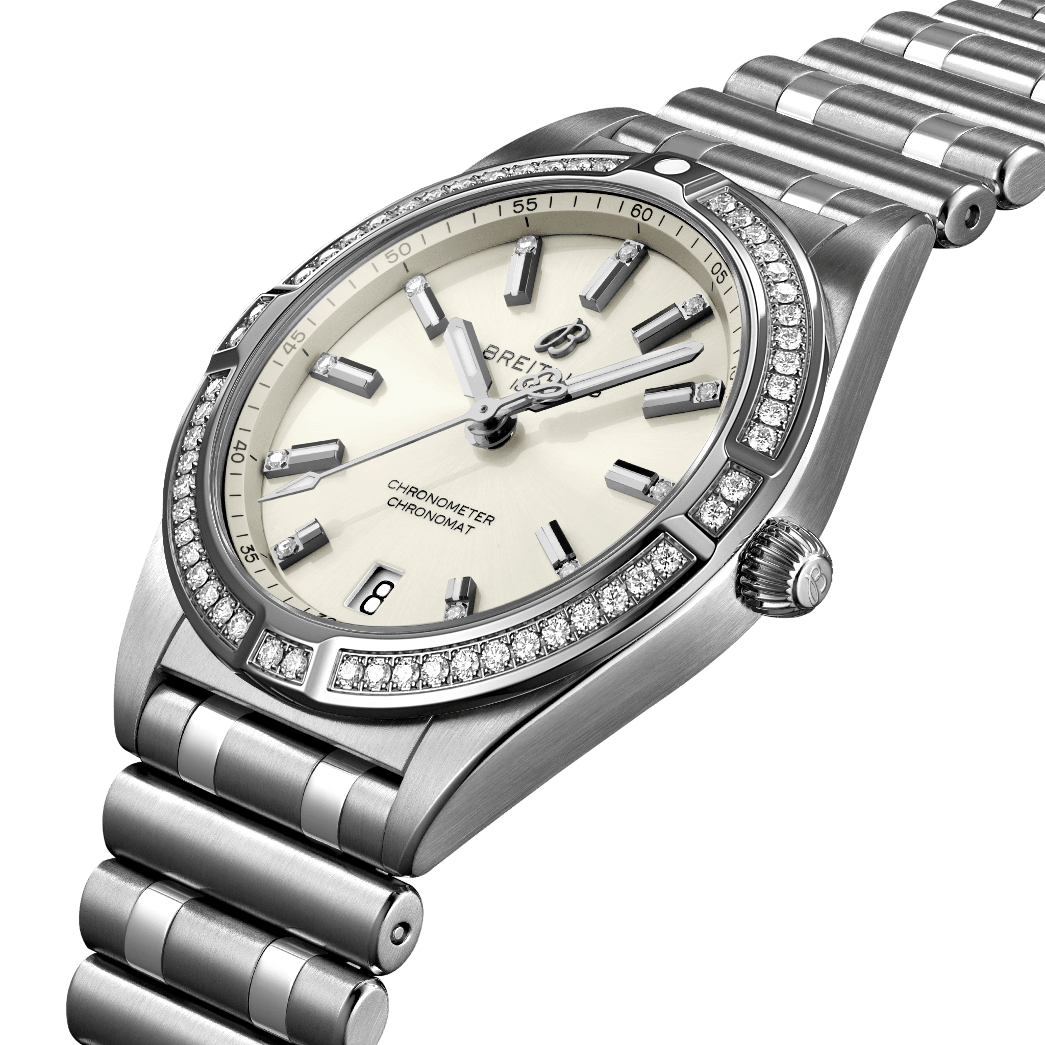 Breitling A77310591A1A1 Breitling Chronomat 32 stål silver diamant bezel profil