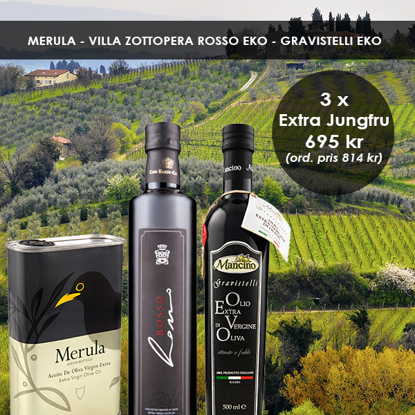 Tre Extra Jungfruoljor á 500 ml - Merula, Villa Zottopera Rosso EKO & Gravistelli EKO