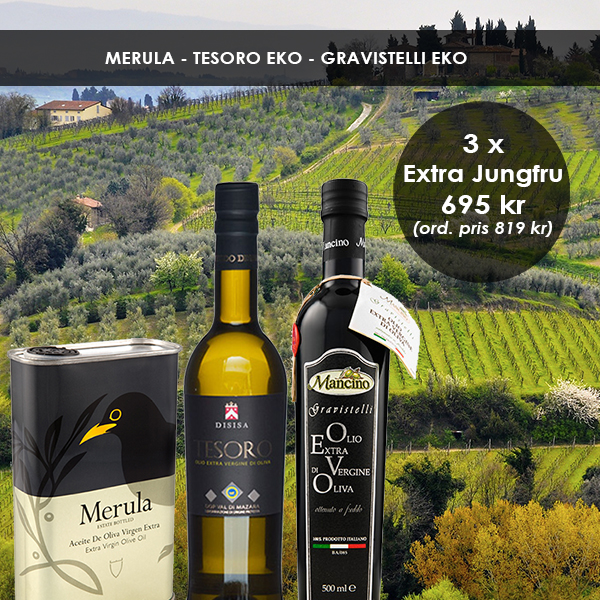 Tre Extra Jungfruoljor à 500 ml - Merula, Tesoro EKO & Gravistelli EKO