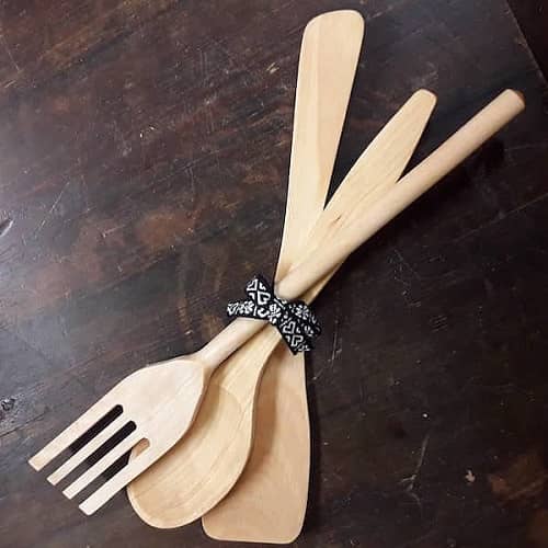 Träsked, gaffel, stekspade. Set i trä, 3-pack
