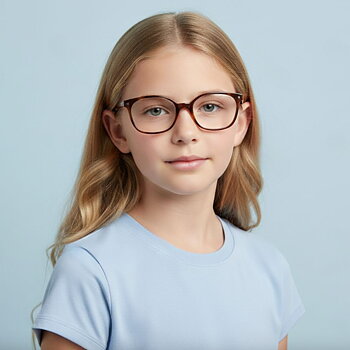 Jacadi ALVA barnglasögon - fyrkantiga glasögon i brun tortoise med inslag av rosa - båge - foto på flicka framifrån