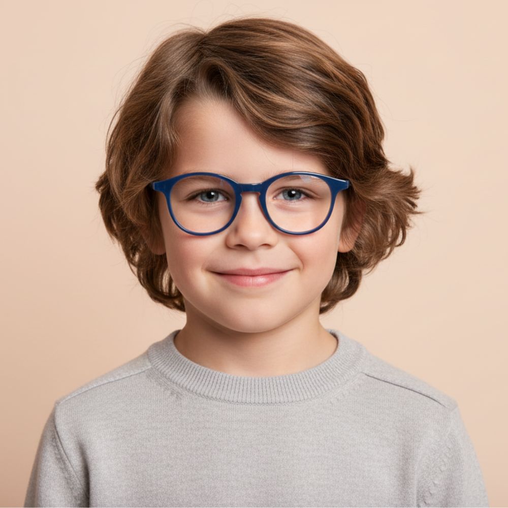 Jacadi RALPH barnglasögon -gratis hemlån - runda glasögon i blått med rutig skalm - foto på pojke framifrån