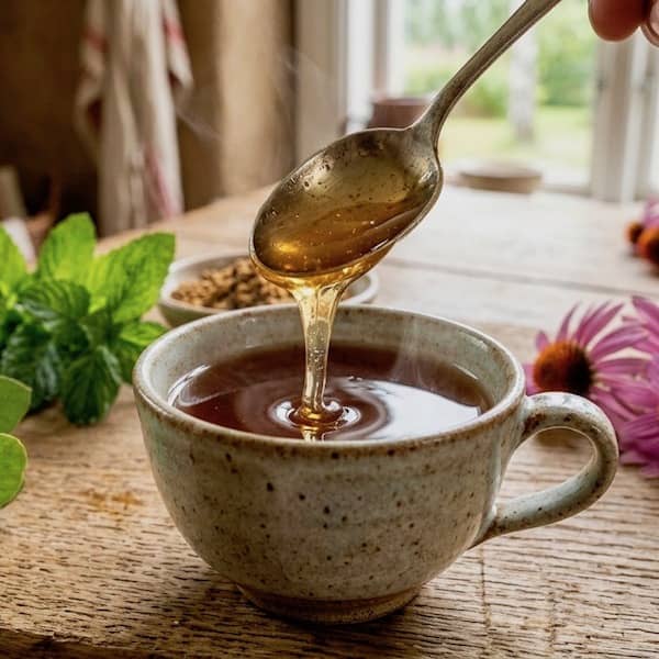 En rustik träsked droppar gyllene svensk honung av halsmix med propolis, eukalyptus pepparmynta och röd solhatt.i en kopp te.