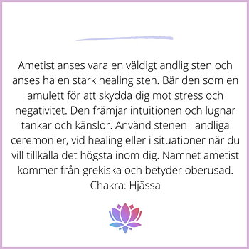 Ametist informationskort – betydelse, andliga egenskaper och chakra kopplat till ametist, med lotusillustration.