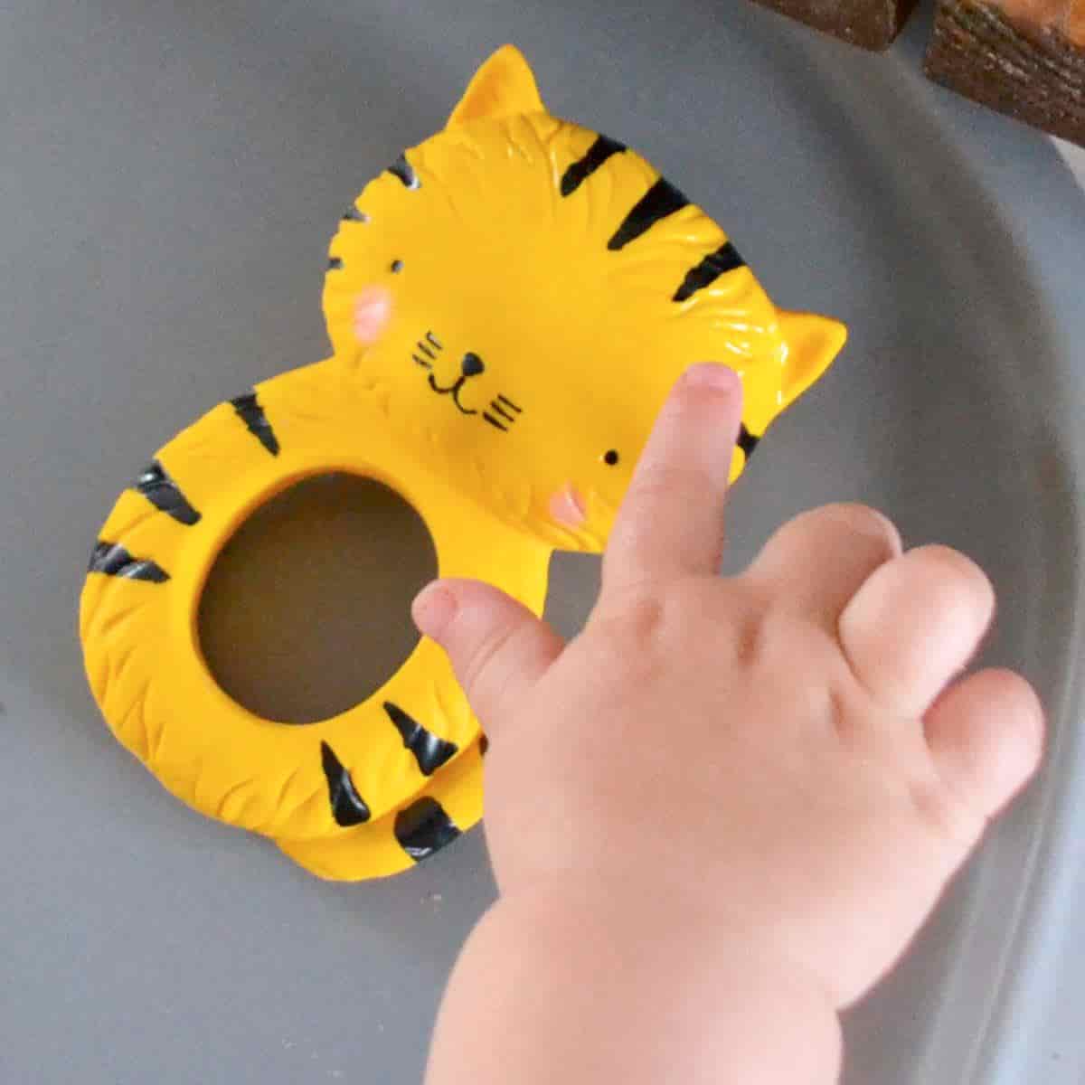 Barnets hånd peger på en bider, der ligner en tiger