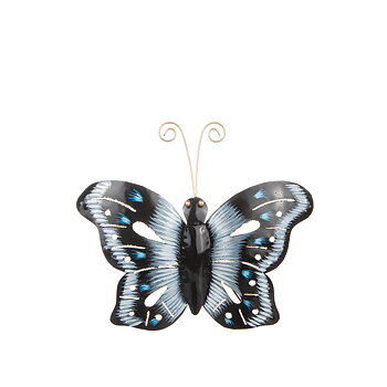 Fjäril i hamrad plåt, blå/svart 15x19cm