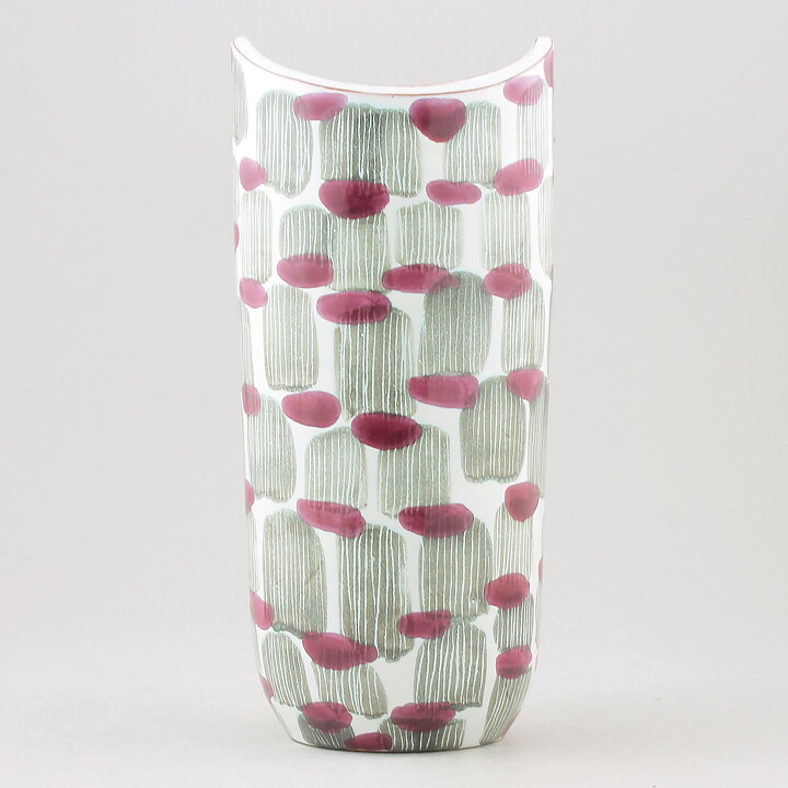 Mari Simmulson (Djungel 1953) Oval Vase with Green/Cerise Decor 24 cm