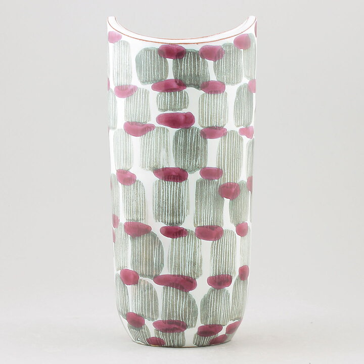 Mari Simmulson (Djungel 1953) Oval Vase with Green/Cerise Decor 24 cm