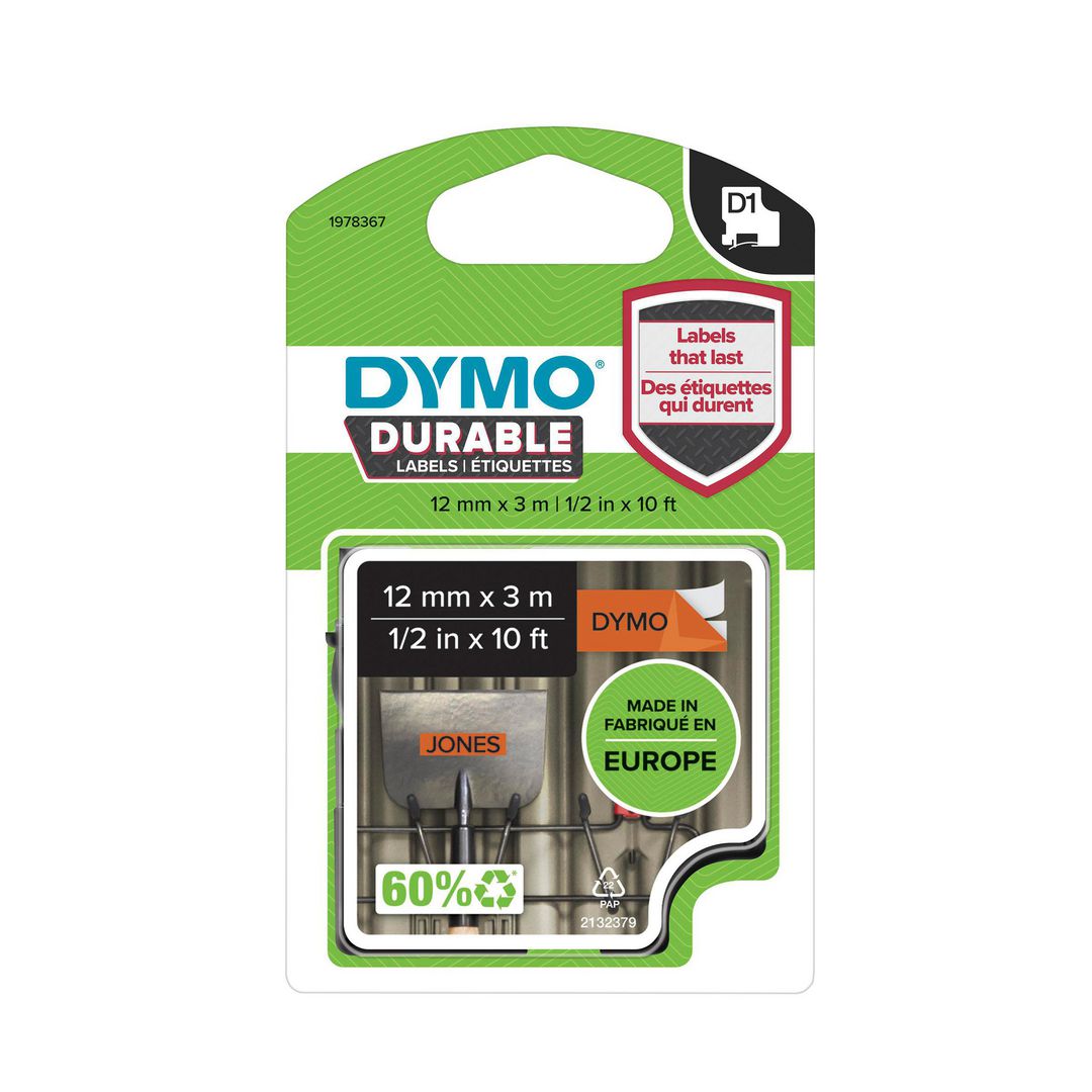 Tape DYMO Durable D1 12mm Svart på Orange - 2
