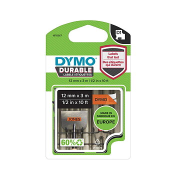 Tape DYMO Durable D1 12mm Svart på Orange