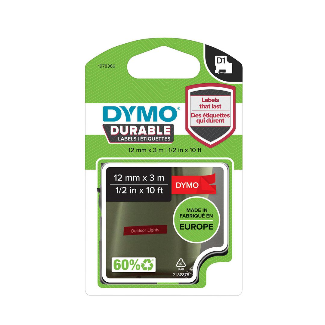 Tape DYMO Durable D1 12mm Vit på röd - 2