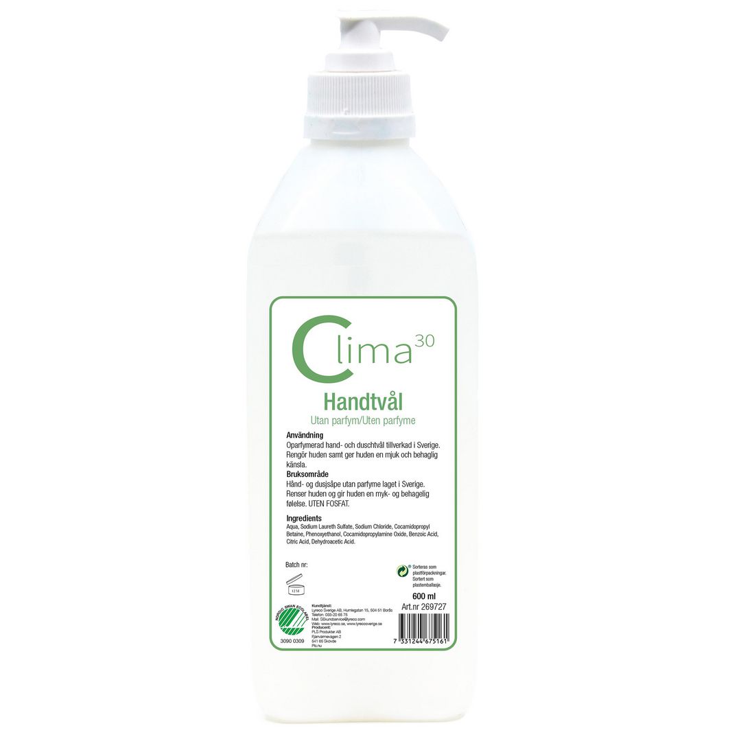 Tvål CLIMA30 med pump oparfymerad 600ml