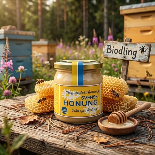 Svensk honung 500g i glasburk med präglat bivaxmönster och svenskt sigill från Höglandets Honung.