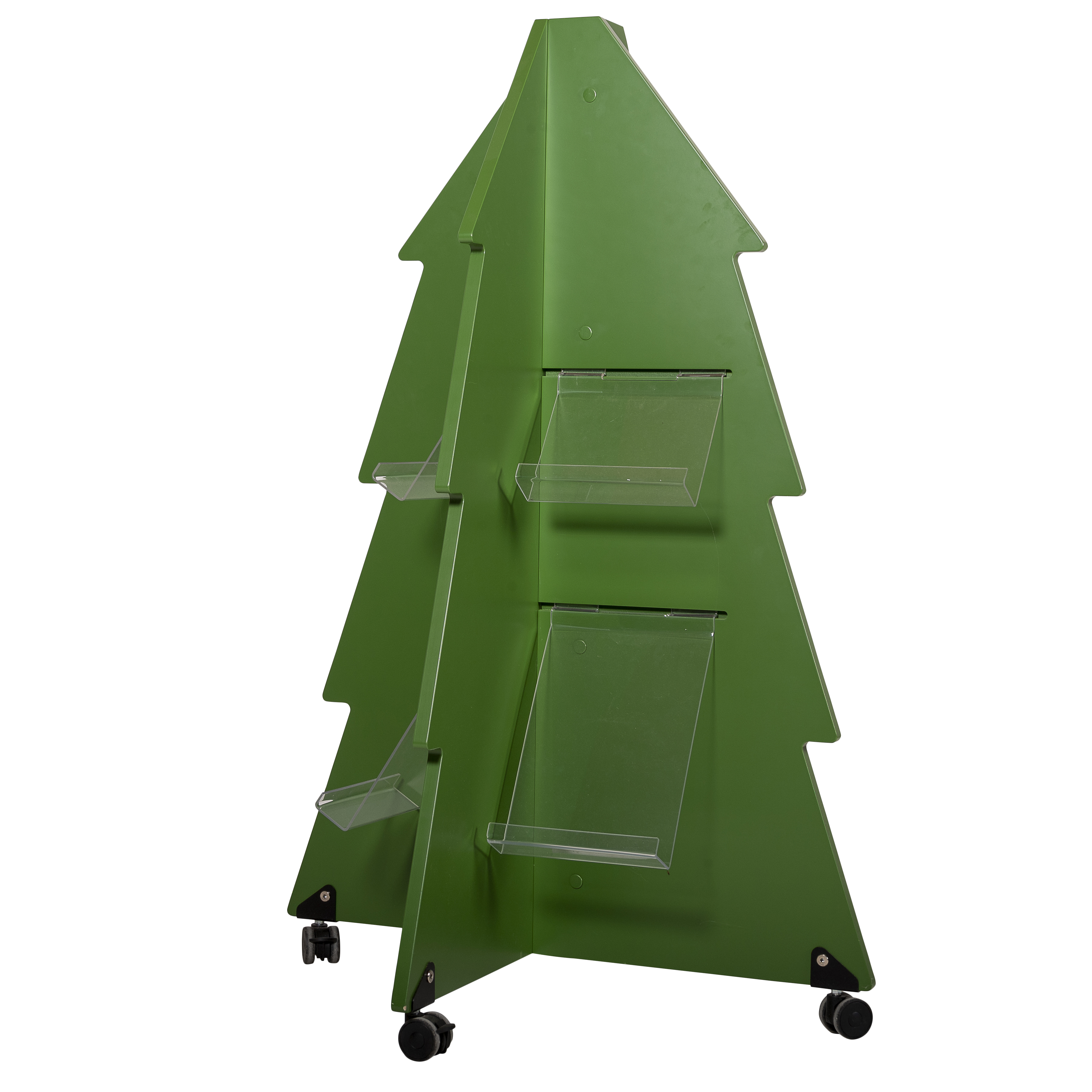 Pine display unit – pine-shaped MDF display with eight A4/A5 presentation surfaces, plexi pockets and lockable castors for clear mobile book showcasing